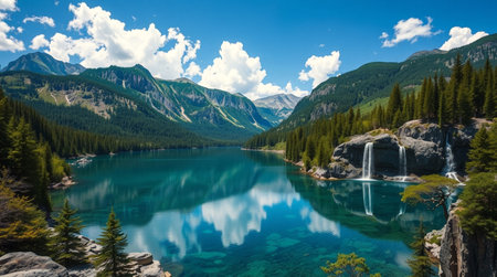 Panoramic view of beautiful turquoise alpine lake in mountains