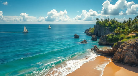 Panoramic aerial view of beautiful beach and tropical sea with palm treesの写真素材
