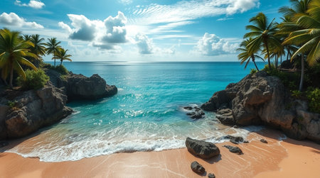 Panoramic view of beautiful tropical beach with palm trees and rocksの写真素材