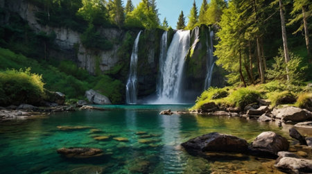 Waterfall in the forest. Beautiful summer landscape with a waterfall in the forest.