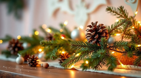 Christmas and New Year background with fir branches, pine cones and Christmas decorations.の写真素材