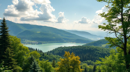 Landscape view of the lake in the Carpathian mountains.の写真素材