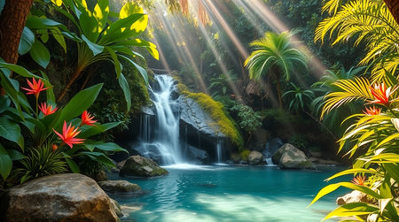 Beautiful waterfall in the tropical forest with sunbeams and lens flareの写真素材