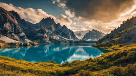 Panoramic view of alpine lake