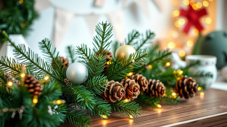 Christmas decoration with fir branches and pine cones on wooden table. Christmas backgroundの写真素材