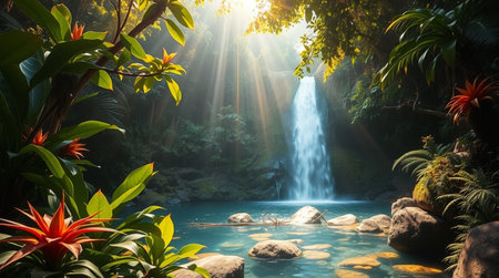 Beautiful waterfall in the tropical garden with sun rays shining through the trees.の写真素材