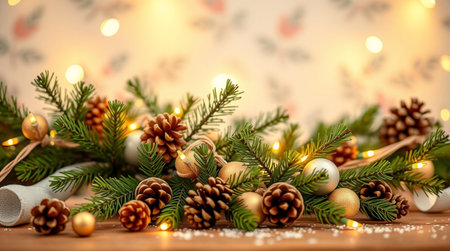 Christmas and New Year background with fir branches, pine cones, garland lights and bokehの写真素材