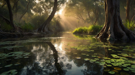 Sunrise over a small river in the rainforest of Australia.の写真素材