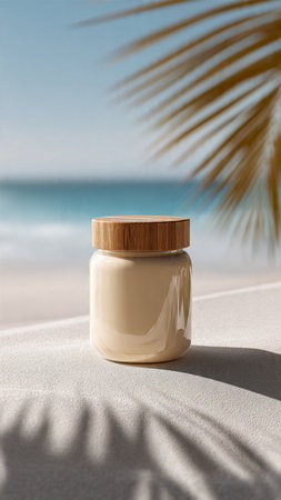 Jar of cream on the white sand near the sea with palm leavesの写真素材