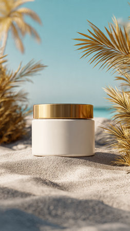 Cosmetic cream in a white jar on a sandy beach with palm trees in the backgroundの写真素材