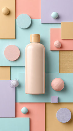 Cosmetic bottle on colorful background. Flat lay, top view.の写真素材