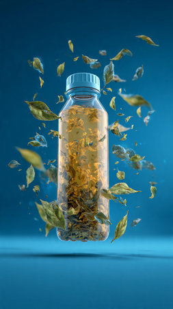 Bottle of herbal medicine with falling leaves on blue background. 3D renderingの写真素材