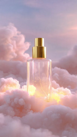 Perfume bottle on the background of clouds.の写真素材