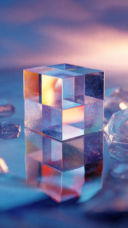 crystal cube on a background of colored bokeh. macroの写真素材