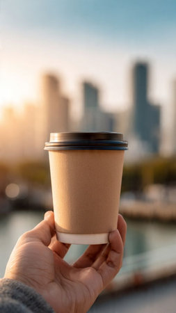 Takeaway coffee cup in hand with cityscape on the background.の写真素材