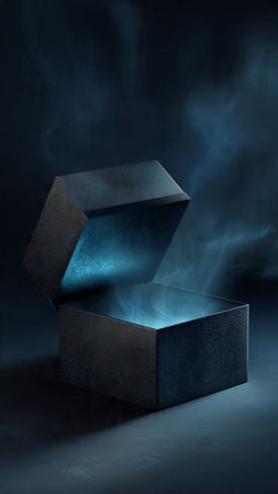 3D illustration of a black box with a blue light coming out of itの写真素材