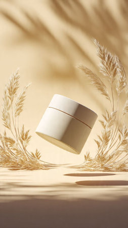 Cream jar mockup with dry grass on beige background.の写真素材
