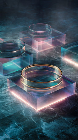 3d render, abstract background, blue and pink neon light, geometric shapes, square and circle, podiumの写真素材