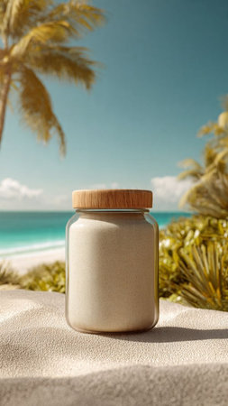 Jar with sea salt on a sandy beach with palm trees in the backgroundの写真素材