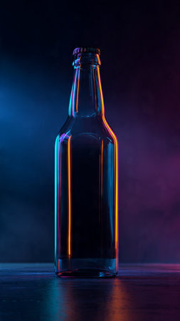 empty glass bottle on a dark background with blue and red lightの写真素材