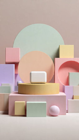 Minimal scene with geometrical shapes, podiums and pastel colorsの写真素材