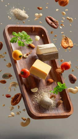 High angle view of ingredients falling into wooden tray against grey background, food levitation conceptの写真素材