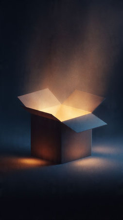 Open cardboard box on a dark background illuminated by a beam of lightの写真素材