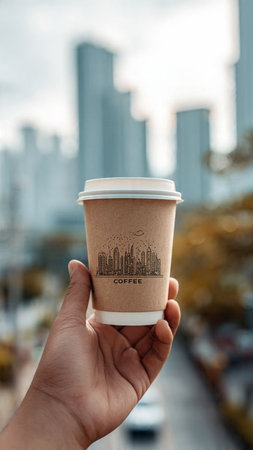 Paper cup of coffee in hand on blurred background of cityscape.の写真素材