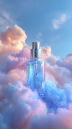 Perfume bottle on the background of clouds. 3d illustrationの写真素材