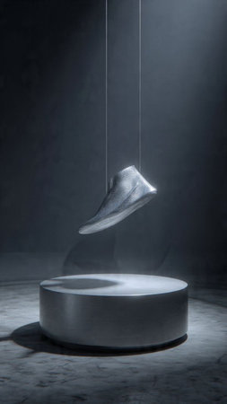 3d render of a shoe hanging on a rope in a dark roomの写真素材