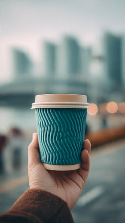 Woman hand holding paper cup of coffee or tea with city view background.の写真素材