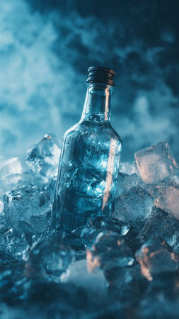 Glass bottle with ice cubes on dark blue background. Toned.の写真素材