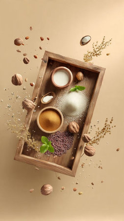 Composition with different types of spices in wooden box on color backgroundの写真素材