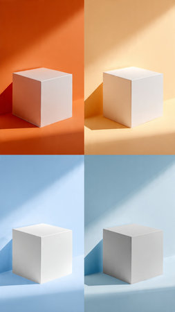 Set of white and blue minimal geometric shapes. Abstract background. 3D rendering.の写真素材