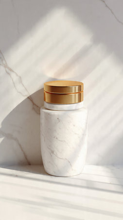 Mockup of a cosmetic jar on a marble background with shadowsの写真素材