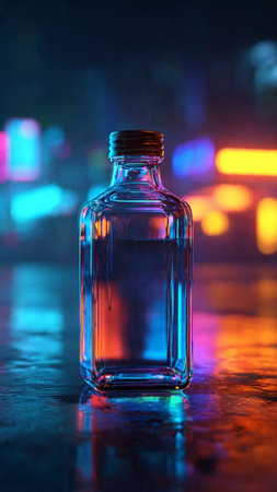 Drink in glass bottle on dark background with colorful lightsの写真素材