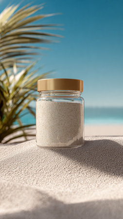 Jar of coconut oil on the sand with palm tree in the backgroundの写真素材