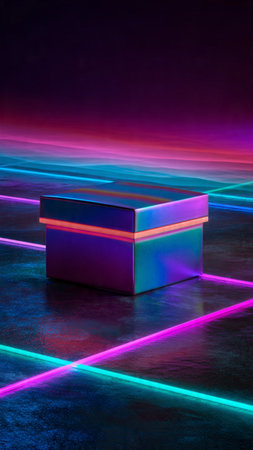 Gift box with glowing neon lines on dark background. 3D renderingの写真素材