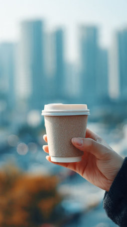 Female hand holding paper cup of coffee on the background of skyscrapersの写真素材