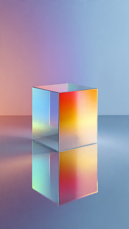 Colorful abstract background with glass cube. 3d render illustration.の写真素材
