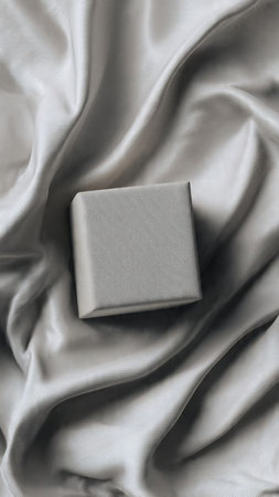 Grey satin gift box on white satin background. Top view.の写真素材