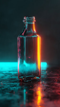 Empty glass bottle on a dark background with red and blue lighting.の写真素材