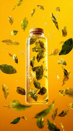 Olive oil in a transparent bottle on a yellow background with leavesの写真素材
