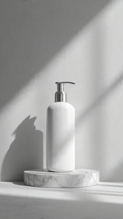 White cosmetic bottle on white marble podium with shadows on a white wall.の写真素材