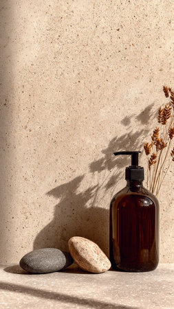 Brown glass bottle with liquid soap, stone and dried flowers on concrete backgroundの写真素材