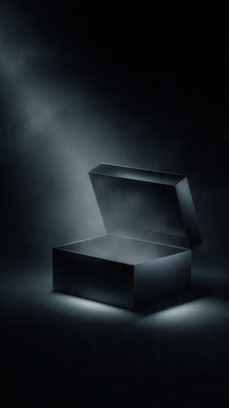 Black empty box on a dark background with smoke. 3d renderingの写真素材