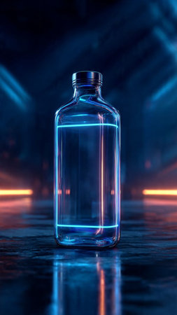 Empty transparent bottle on a dark background. 3d rendering toned imageの写真素材