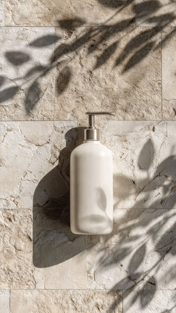 White bottle of liquid soaple tile wall with shadow overlay.の写真素材