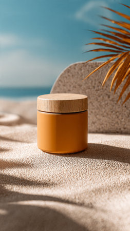 beige cosmetic jar with palm leaf on sand near sea, closeupの写真素材