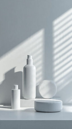 cosmetic containers on white table in sunlight with shadows, beauty treatment conceptの写真素材